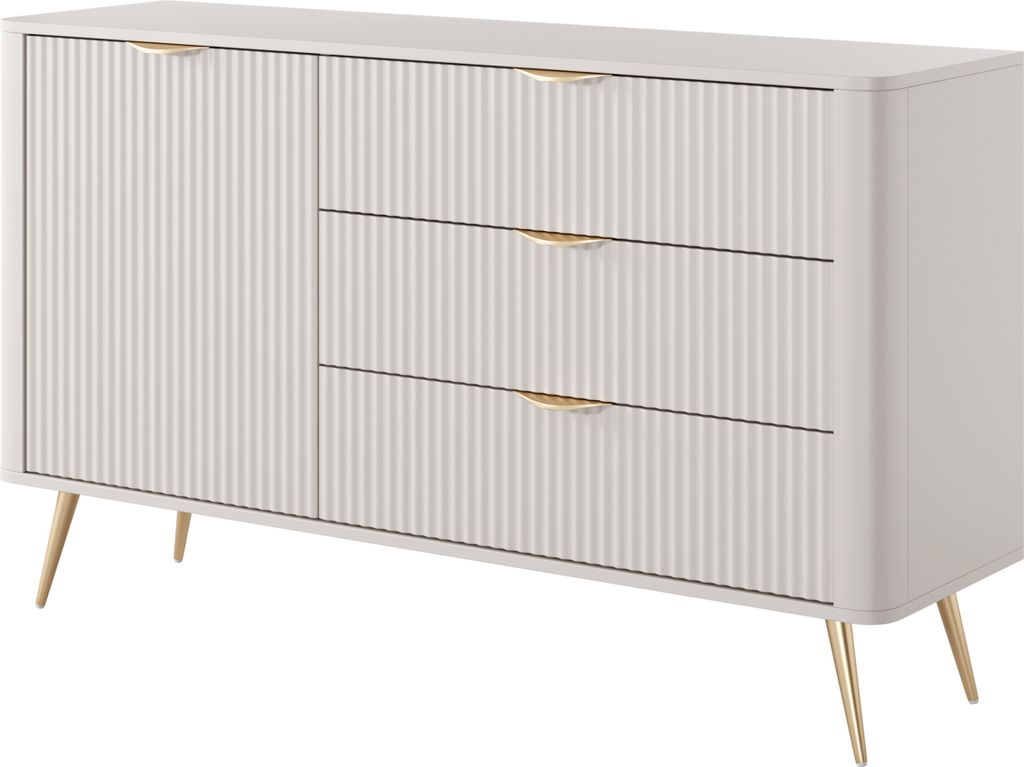 Masseno Kommode LANTANA 138 cm Sideboard mit 3 Schubladen und 1 Türen für Wohnzimmer Schlafzimmer Modern 138x38x81 cm Beige / Beige