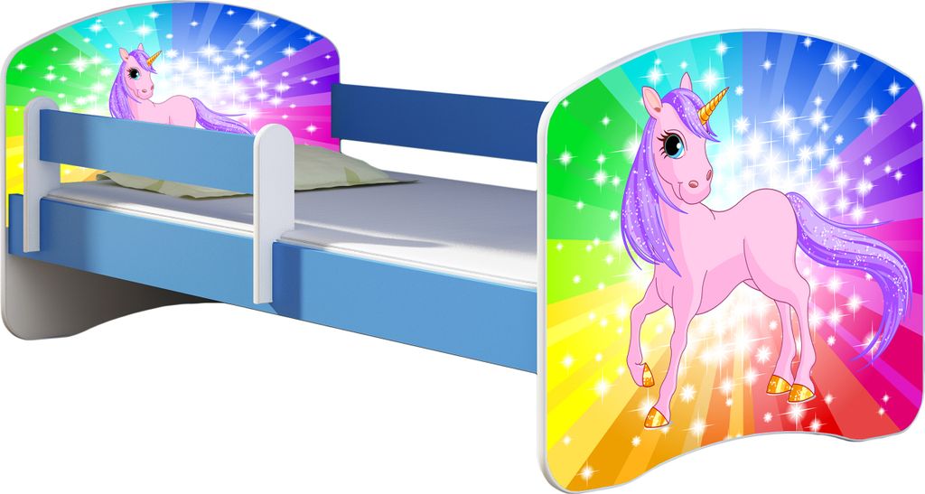 ACMA Jugendbett Kinderbett Junior-Bett Komplett-Set mit Matratze Lattenrost und Rausfallschutz Blau 18 Pony Regenbogen 160x80