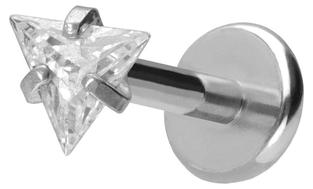 Ohrpiercing, Nasenpiercing Titan Labret mit Push Fit EINGEFASSTES KRISTALLDREIECK Silber Stablänge: 8mm | Stabstärke: 1mm