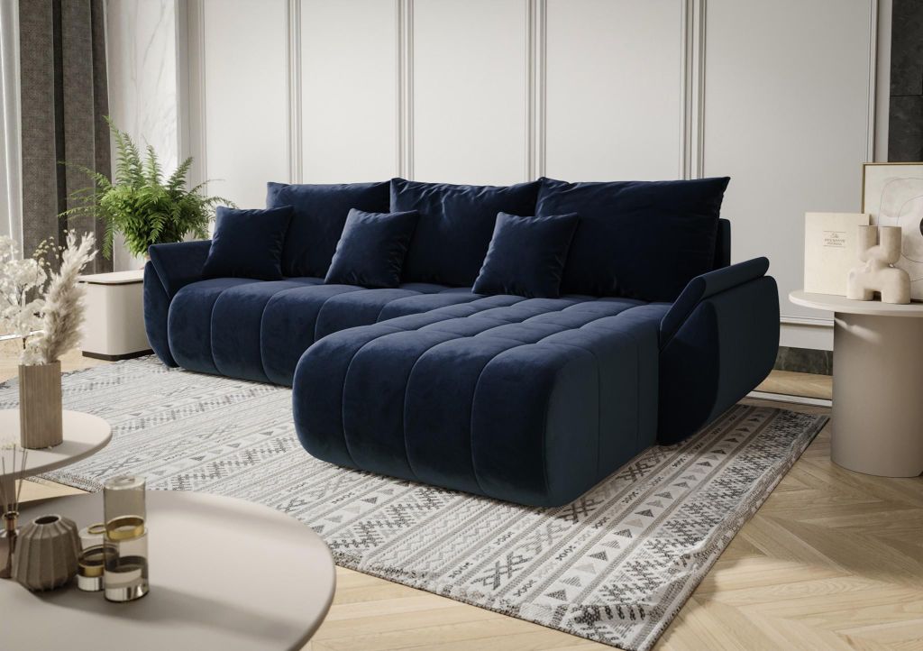 Ecksofa Schlafsofa AKITA Stoff Monolith Dunkelblau Ottomane Rechts