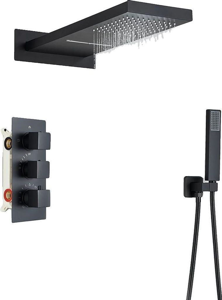 Duschset, Thermostatmischer, Regen- und Wasserfallfunktion, Mattschwarz