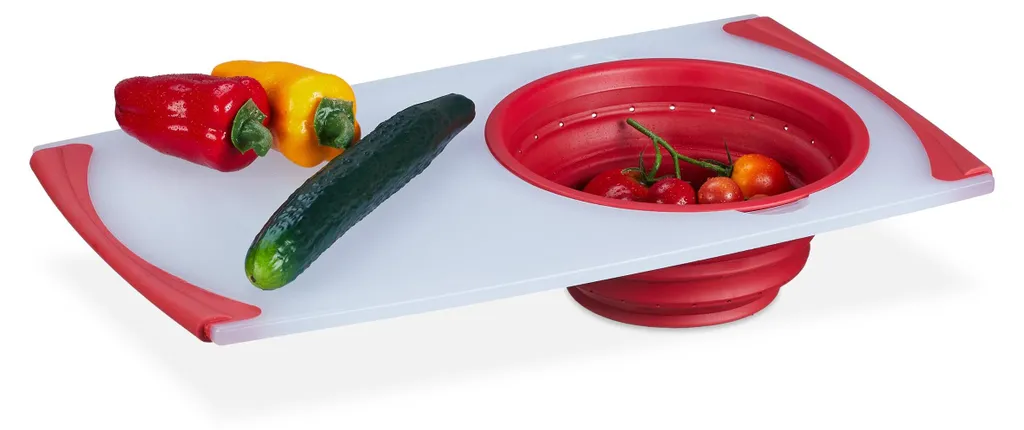 Planche à découper avec passoire 50x29 cm en plastique blanc et rouge