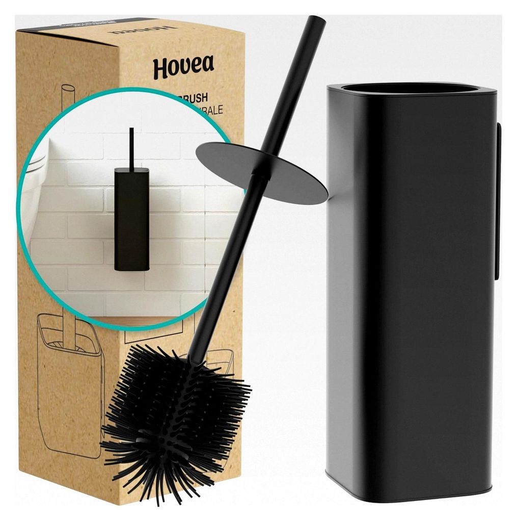 Wandmontierte Klobürste Schwarz - Toilettenbürste aus Silikon & Metall - WC-Bürste ohne Bohren - Wandbefestigung mit Sticker oder Schraube - Klo...