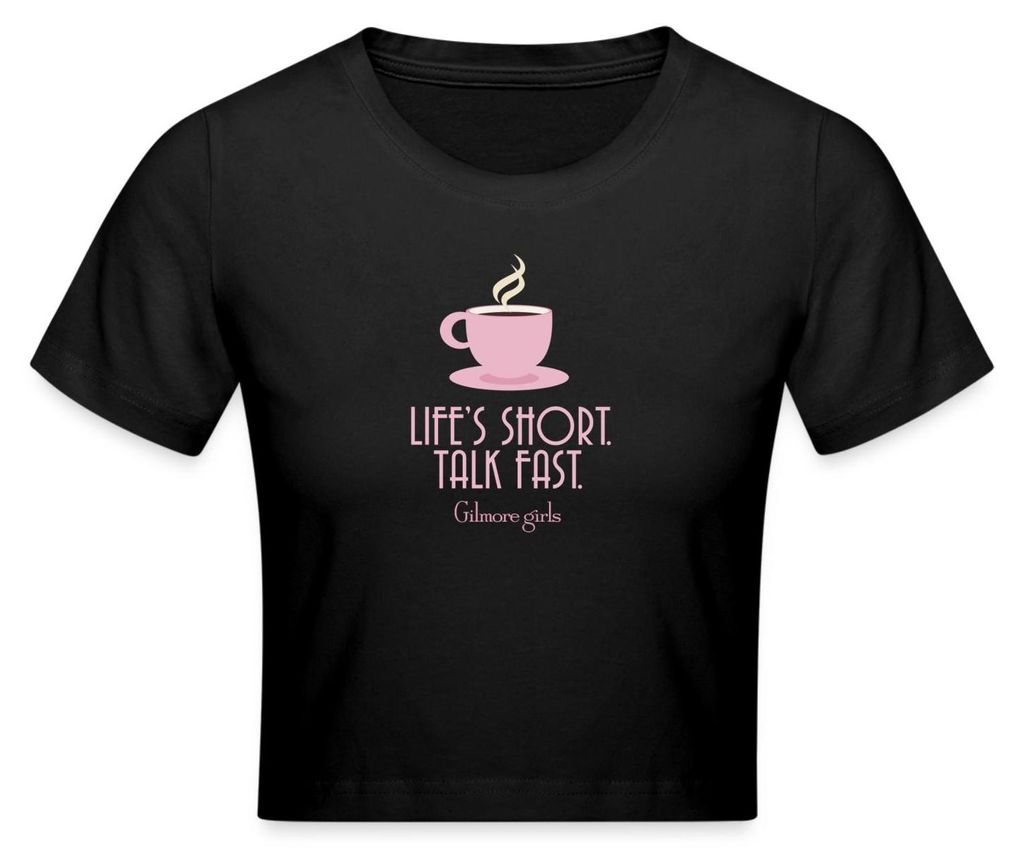 Spreadshirt Gilmore Girls Kaffeetasse & Spruch „Talk Fast“ Crop Top, S, Schwarz