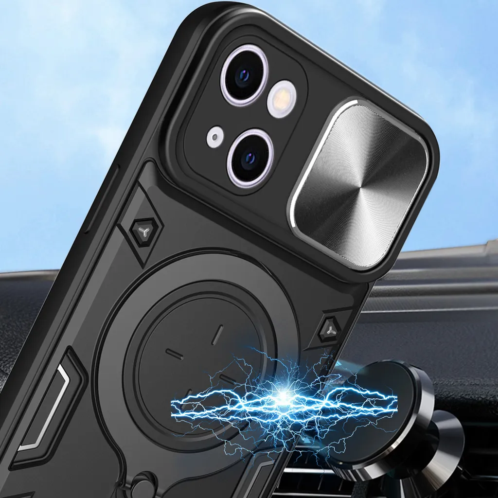 Custodia per iPhone 13 Custodia resistente a doppio strato con copertura della fotocamera e supporto ad anello rosso - 3