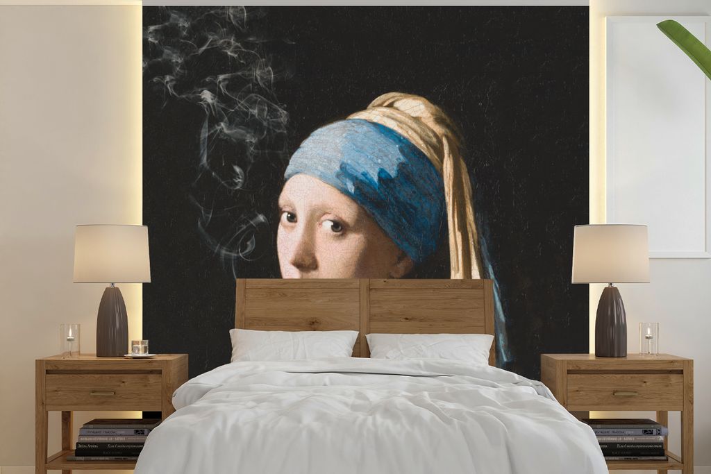 MuchoWow Fototapete für Wohnzimmer oder Schlafzimmer Wandtapete Vinyl Motivtapete Das Mädchen mit dem Perlenohrring - Vermeer - Rauchen - 220x2...