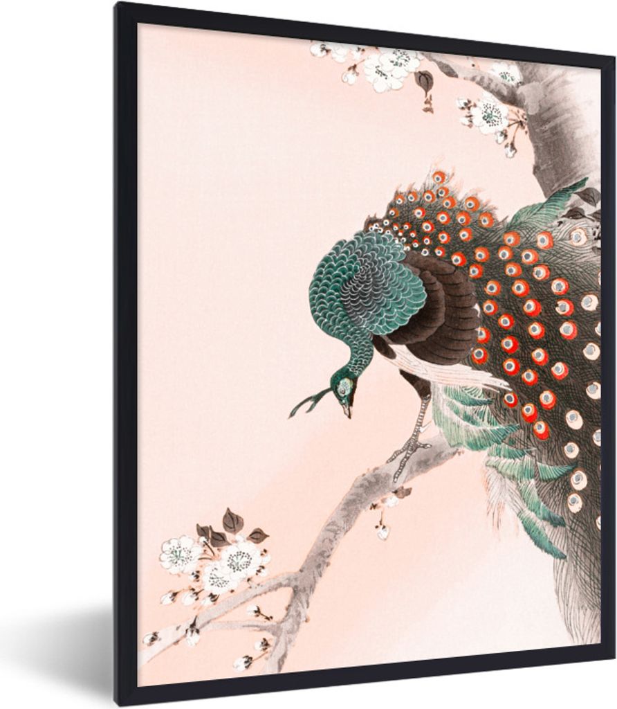 MuchoWow Gerahmtes Poster Vintage - Pfau - Japanisch - Pfauenfedern 60x80 cm - Poster mit Schwarzem Bilderrahmen Wandposter Rahmen Foto Bilder - ...