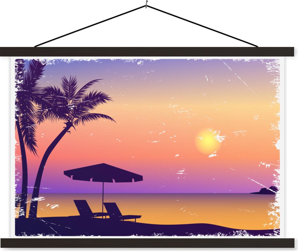 MuchoWow Textilposter Strand - Stuhl - Sonnenschirm - Nacht 120x80 cm mit schwarzem Rahmen - Wanddeko