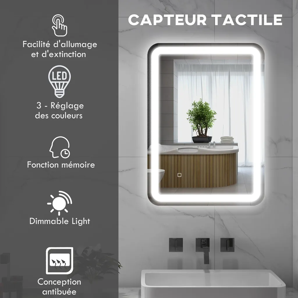 Miroir LED Anti-buée Argent 70x50 cm avec Luminosité Programmable - 6