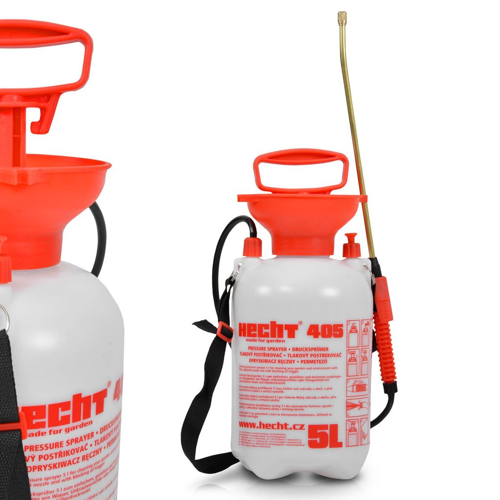 HECHT 405 Drucksprüher Gartenspritze | 5 Liter | 1,3 bar | 49 cm Lanze mit Messingdüse | 1,3 m Schlauch
