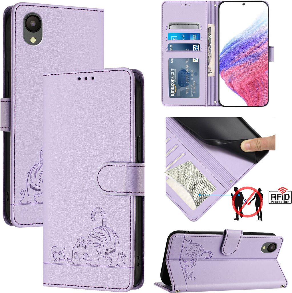 Leder Hülle für Samsung Galaxy A04 Core/A03 core Süße Katze Flip Case Brieftasche Schutzhülle mit Standfunktion Lila