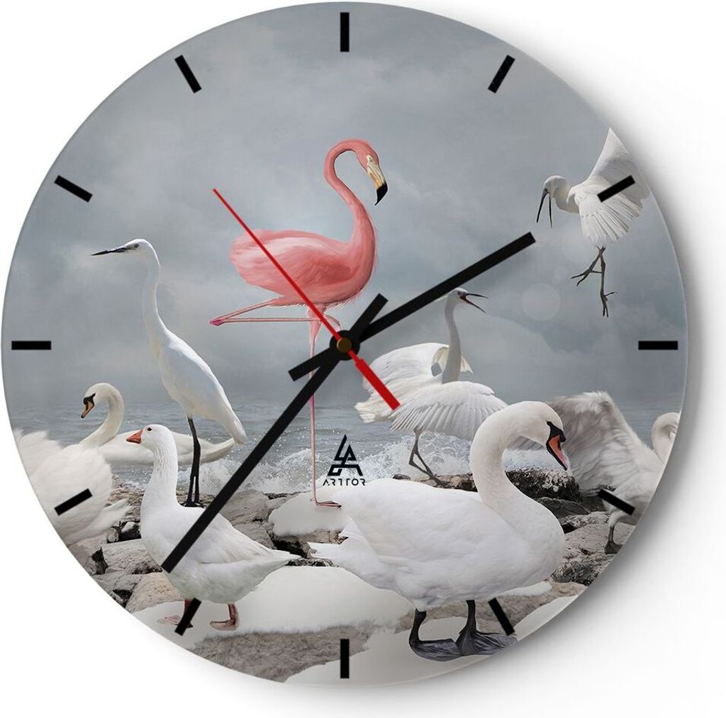 Wanduhr - Rund - Glasuhr - Flamingo Schwan Fantasie - 30x30cm - Schleichendes Uhrwerk - Lautlos - zum Aufhängen bereit - Dekoration Modern - Wandd...
