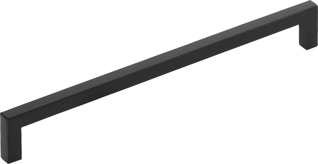 A long, black, modern cabinet handle shown diagonally against a white background.