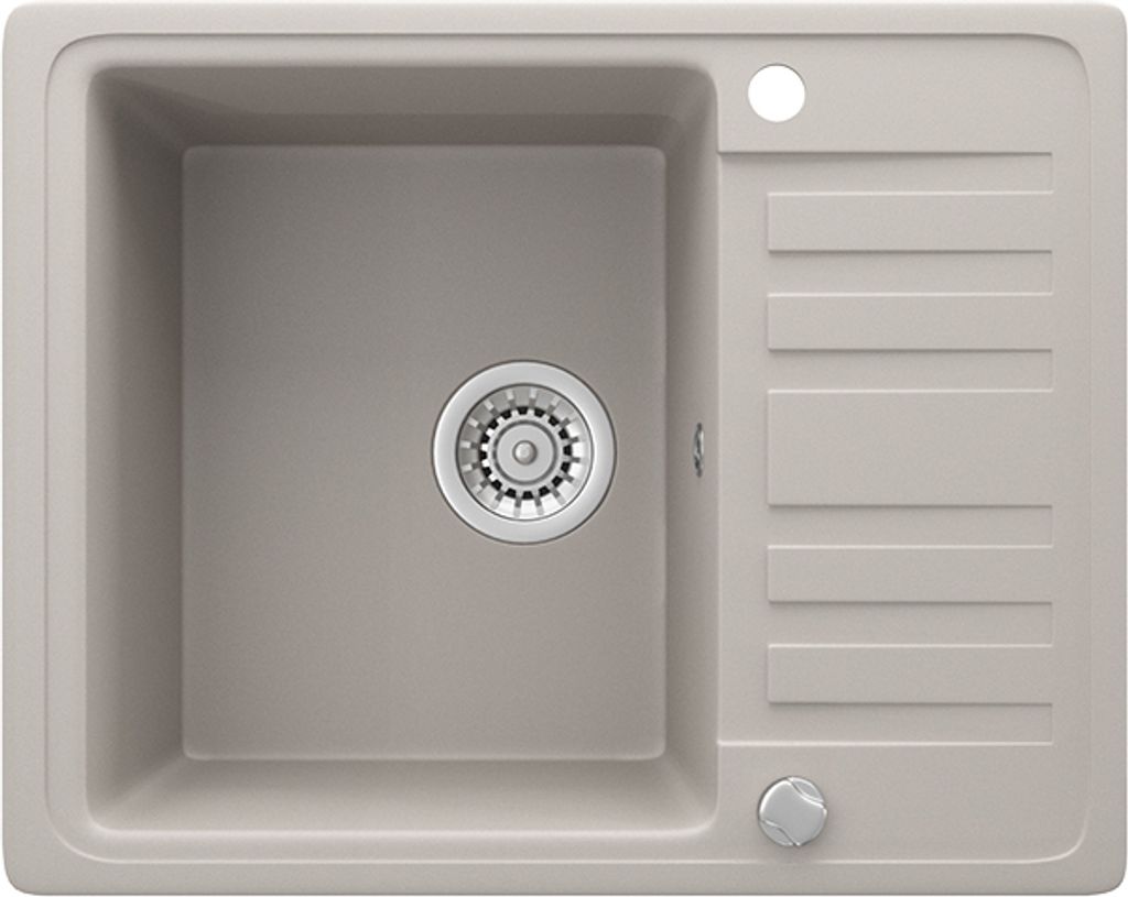 A top-down view of a beige kitchen sink with a draining board and a silver drain.