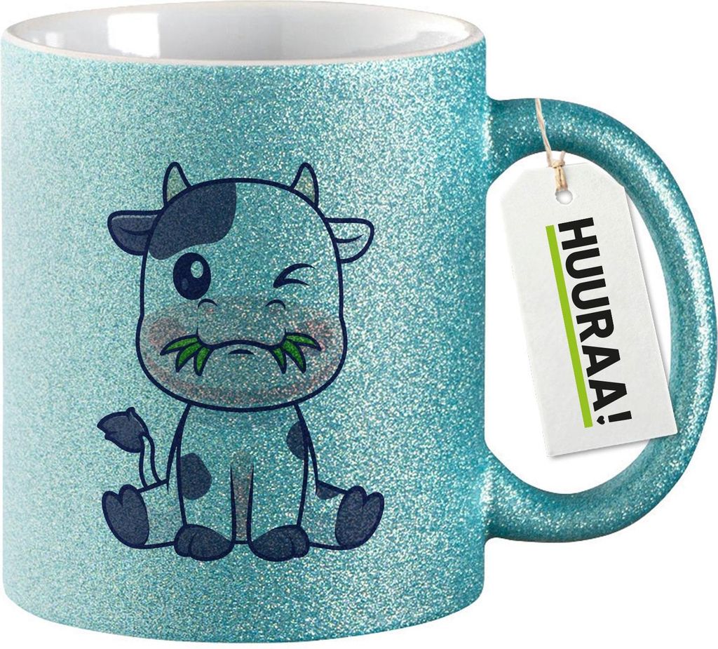 Huuraa Glitzertasse Kälbchen Baby Kuh 330ml Blau Keramik Kaffeebecher Geschenkidee