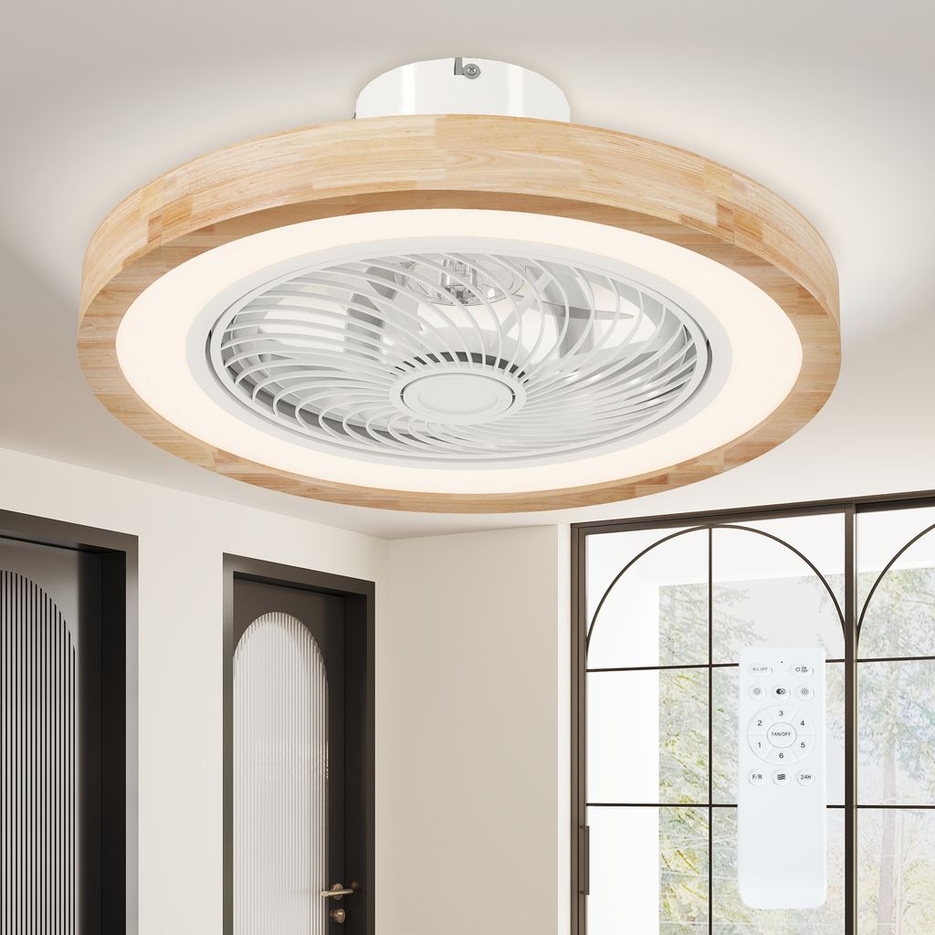 HOMCOM Deckenventilator mit Beleuchtung und Fernbedienung, Ø50 cm, 40 W Dimmbare LED Deckenleuchte mit Ventilator, 6 Geschwindigkeiten, Natur