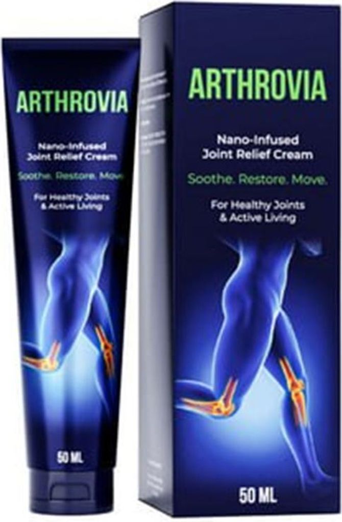 A tube of Arthrovia joint relief cream and its packaging are shown against a dark background.