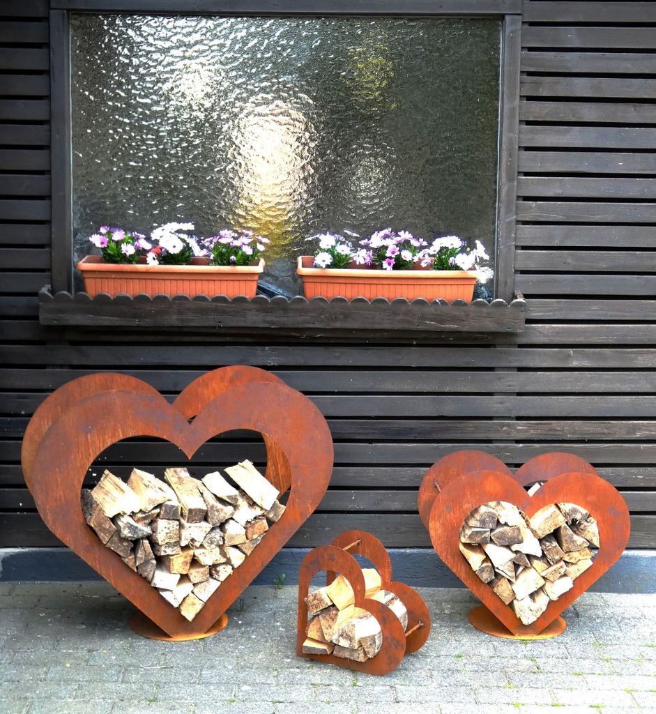 L Holz-Regal Garten Terrasse Herz aus Metall Edel-Rost Deko 