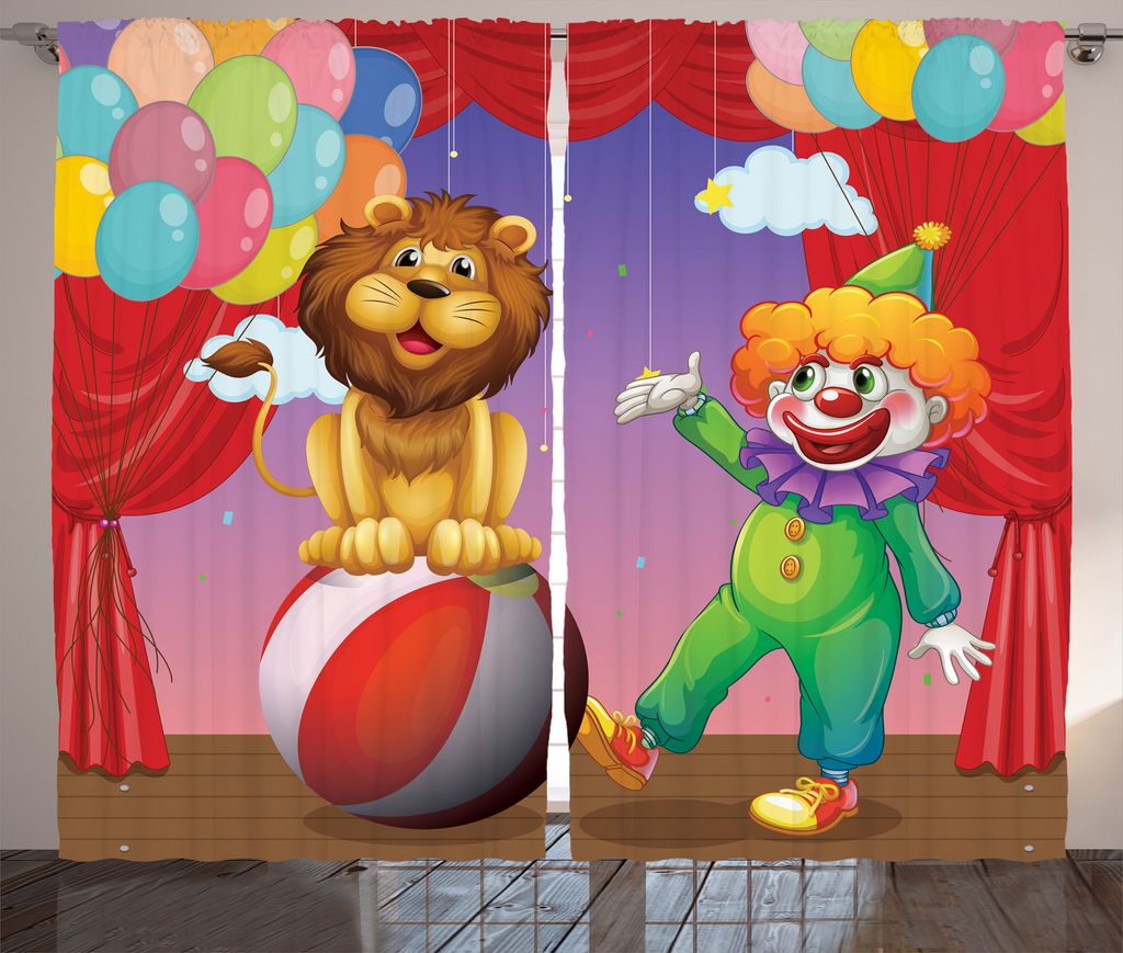 ABAKUHAUS Zirkus Rustikaler Vorhang, Lion Clown Leistung, Wohnzimmer Universalband Gardinen mit Schlaufen und Haken, 280 x 175 cm, Mehrfarbig