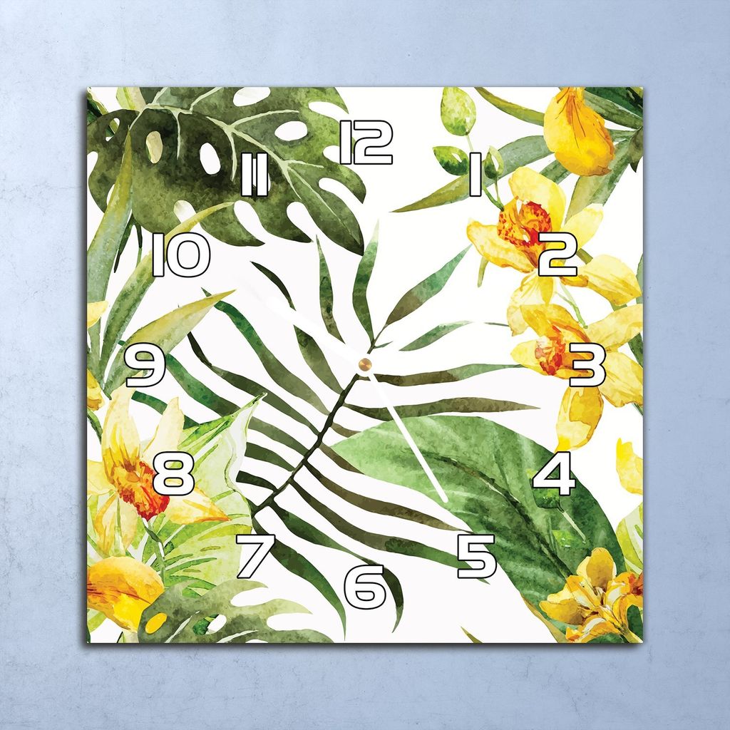 Deko Glasuhr Wanduhr 30x30 Canna Blüten Blatt Quarz Küchenuhr Bürouhr