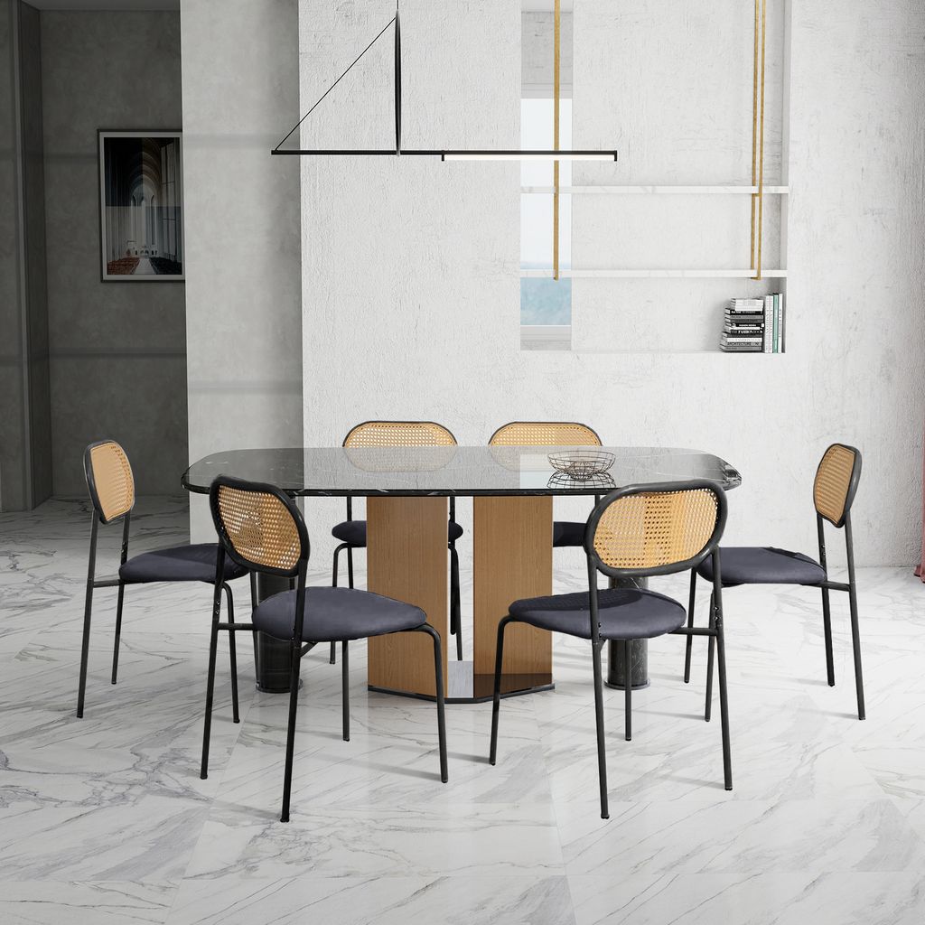Set aus 2 Esszimmerstühlen in schwarzem Rattan und Naturholzfarbe, schwarzes Metallgestell mit gepolsterter Sitzfläche