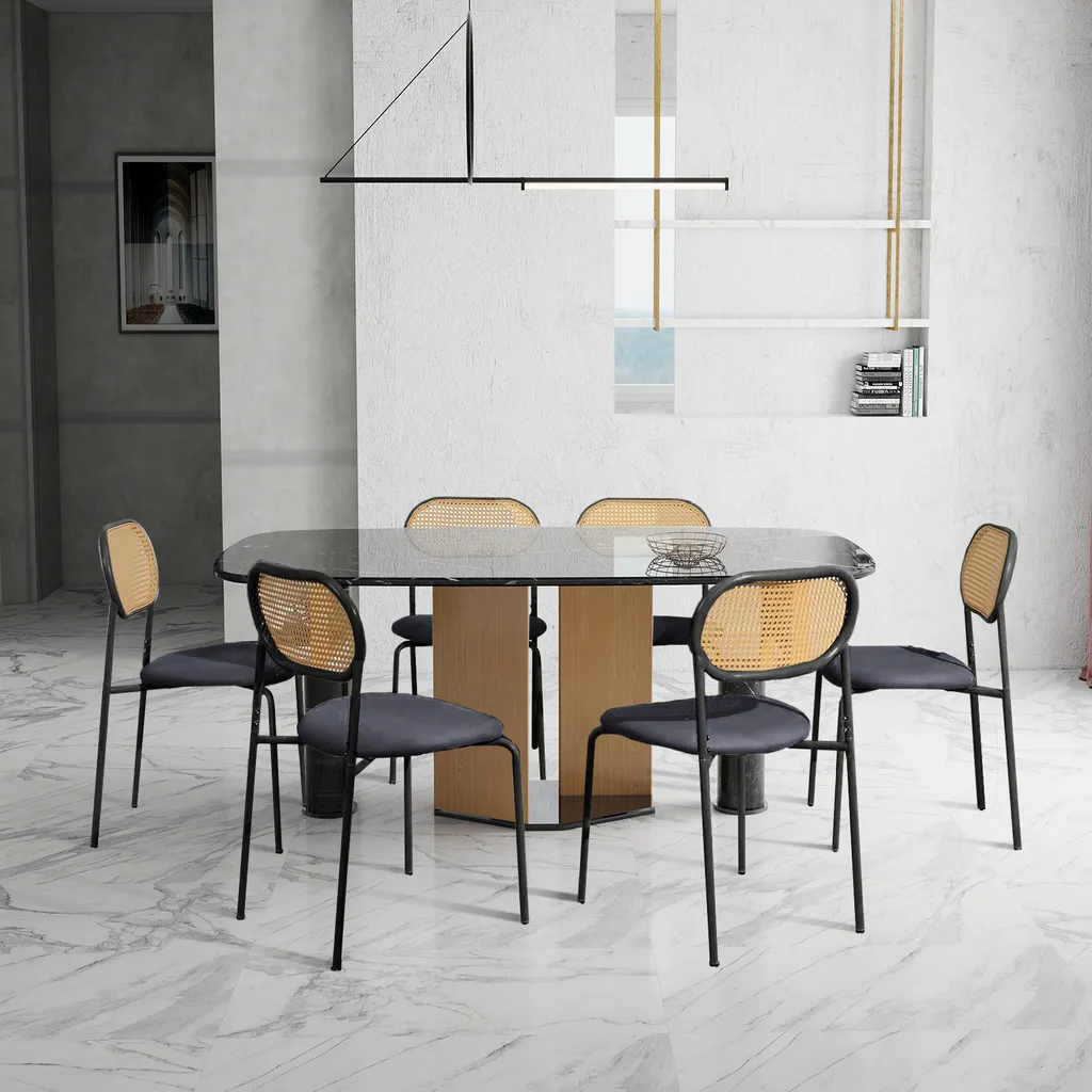 Set di 2 sedie da pranzo in rattan color nero e legno naturale, struttura in metallo nero con seduta imbottita
