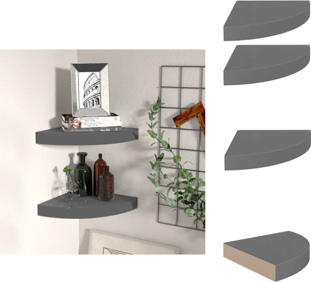 vidaXL Eck-Schweberegale 2 Stk. Hochglanz-Grau 25x25x3,8 cm MDF - Wandregale