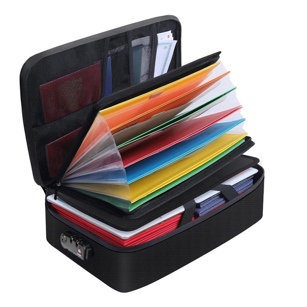 Feuerfeste Dokumentenbox, Aktenordner, abschließbarer Aktenordner mit 13 Taschen, Dokumentenmappe mit Reißverschluss, A4, feuerfest, 37x27x10,5cm