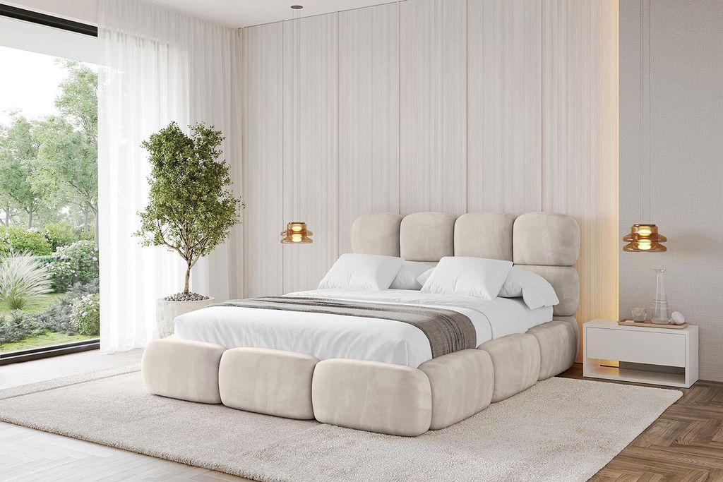 ALTDECOR Polsterbett mit Bettkasten - NOMA 180x200 Beige - Bett mit Matratze H3/H4, Kopfteil, Boxbett, Doppelbett mit Stauraum