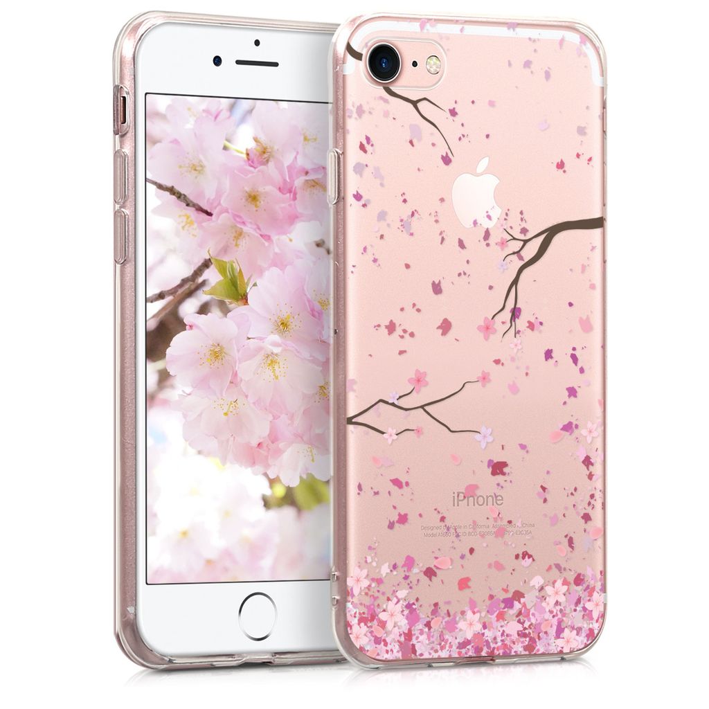 kwmobile Case kompatibel mit Apple iPhone SE (2022) / iPhone SE (2020) / iPhone 8 / iPhone 7 - Hülle Silikon transparent Kirschblütenblätter Rosa