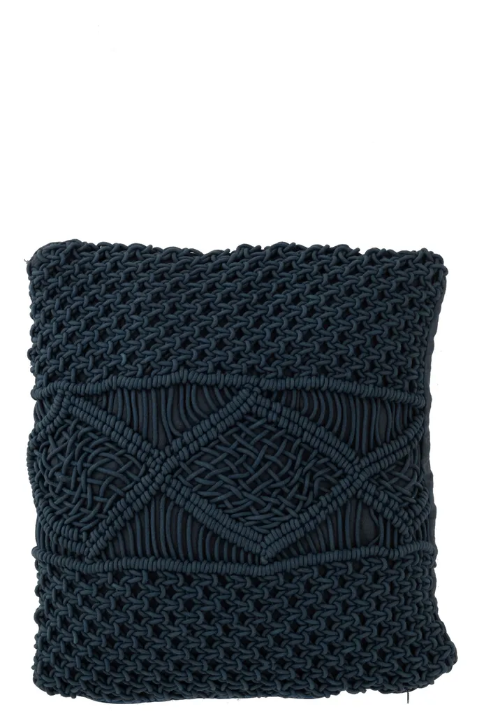 Coussin Macramé Carré J-Line Bleu en Coton 45x45 cm pour Déco Salon