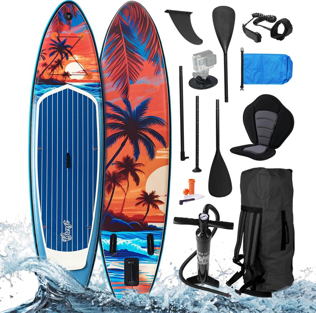 BRAST SUP Board Tropic | Aufblasbares Stand up Paddle Set | 320x81x15cm | inkl. Sonderzubehör | 2in1 Paddel Kajak-Sitz Action-Cam-Halterung Fußsc...