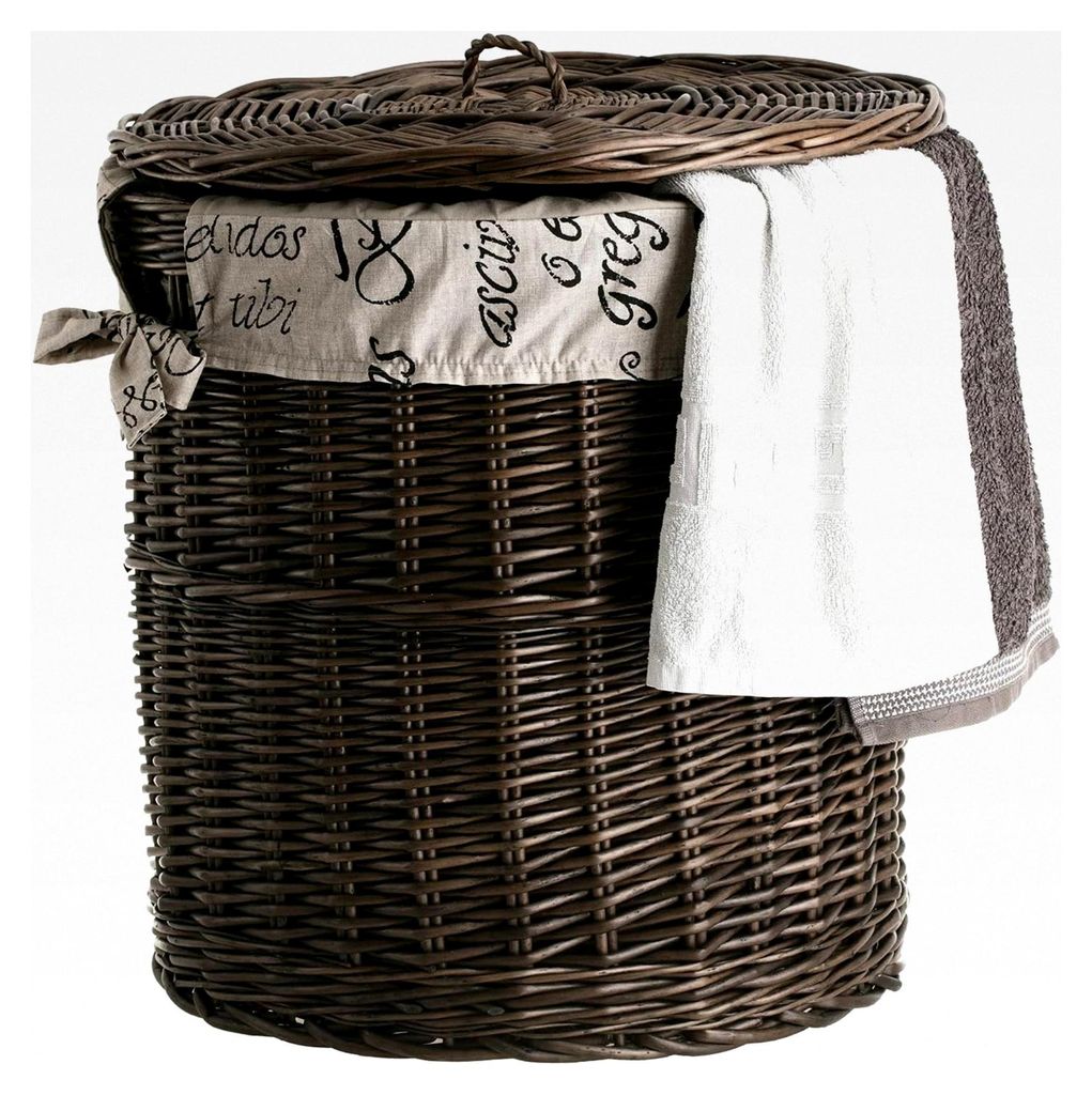 Wäschekorb aus Weide, Puff mit Deckel, retro Wäschekorb, Vintage Stil, dunkelbrauner Korb mit Stoffbezug, Spielzeugbehälter (Beige)