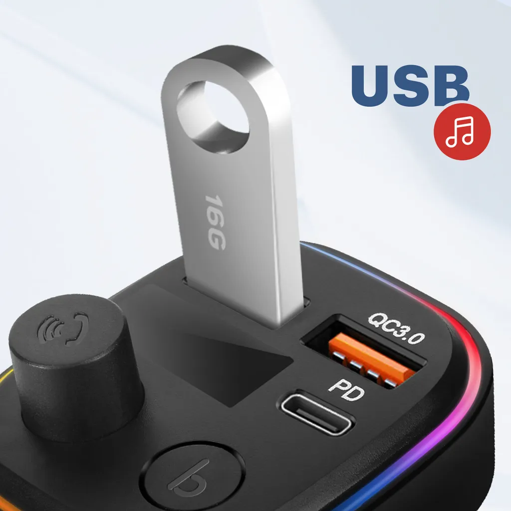 Adattatore Bluetooth Auto FM Nero con Ricarica Rapida PD & QC 3.0 - 3