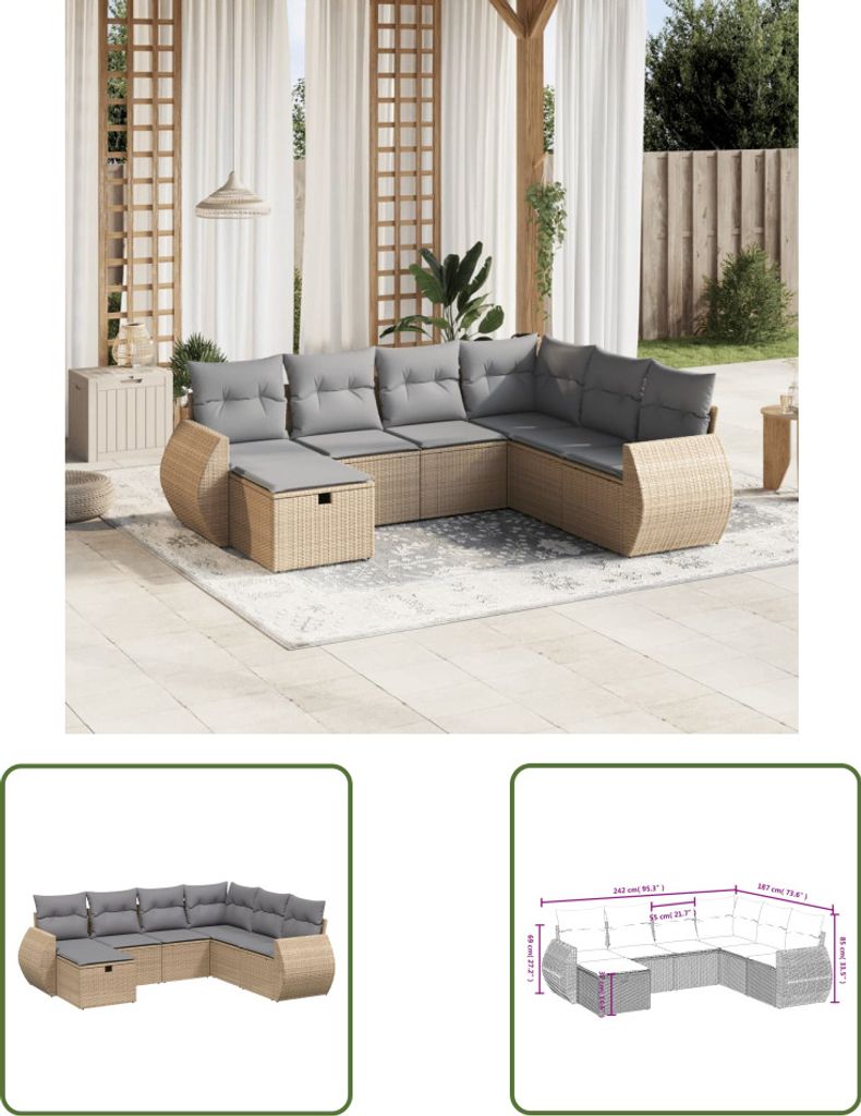 The Living Store 7-tlg. Garten-Sofagarnitur mit Kissen Beige Poly Rattan