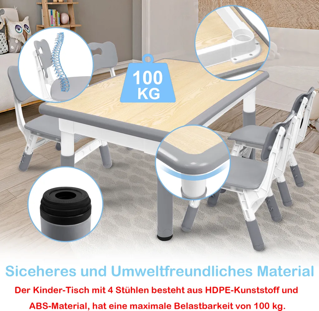 XMTECH Ensemble Table et 4 Chaises Enfant Grises avec Hauteur Réglable - 8