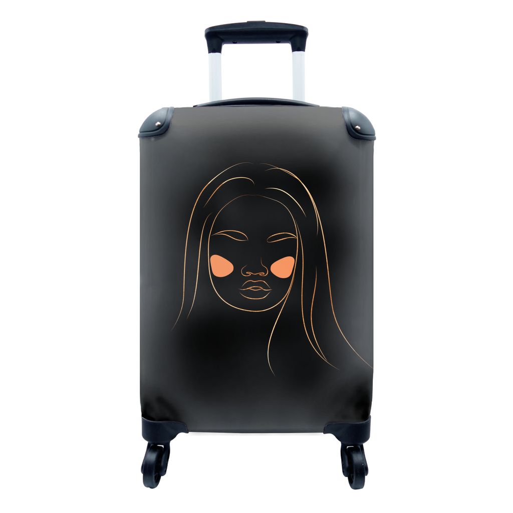 MuchoWow Koffer Handgepäck Trolley Rollkoffer Kleine Reisekoffer mit 4 Rollen - Frau - Gold - Rosa - Strichzeichnung - Cabin Size < 55x40x23 cm ...