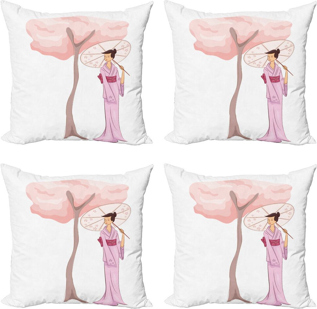 ABAKUHAUS Regenschirm-Mädchen Kissenbezug Set (4 Stück), Frau Blossom Tree, Moderner Doppelseitiger Digitaldruck, 45 cm x 45 cm, Baby-Rosa und Mu...