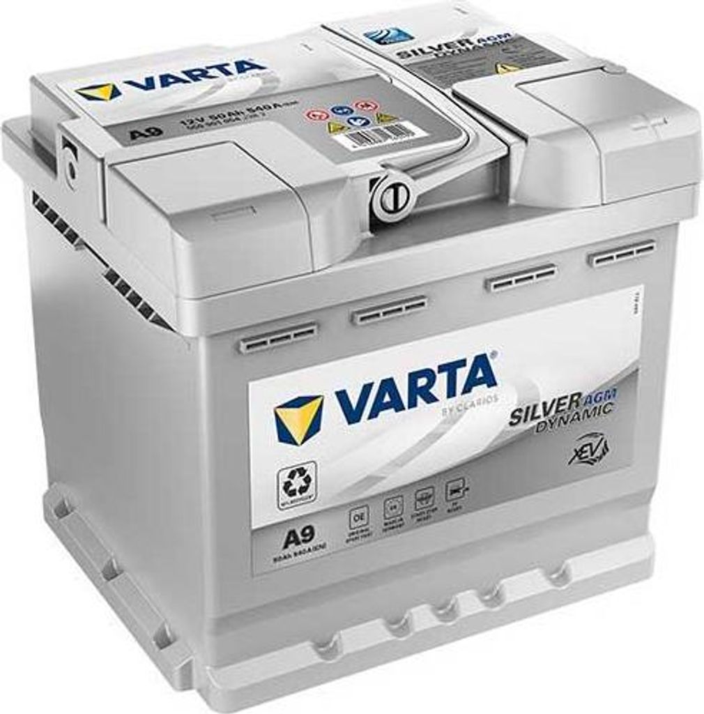 A Varta A9 Dynamic AGM xEV car battery is shown against a white background.