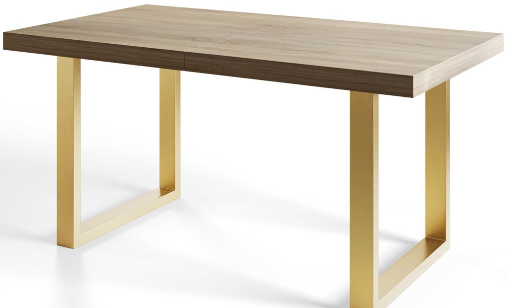 Esstisch Ausziehbar Loft-U, Moderner Wohnzimmertisch 160-260x90x77 cm, Sonoma mit Metallbeinen in Gold