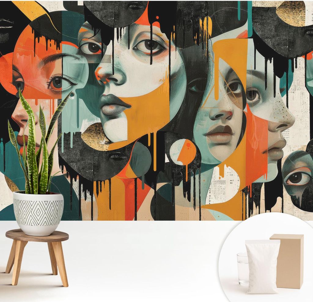 Fototapete - 208x146 cm - Tapete - Wandtapete - Wandbilder - Dekofolie - Tapete Folie - Wand - Dekoration - Wohnzimmer - Bunte Gesichter