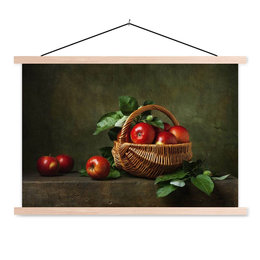 MuchoWow Textilposter Rustikal - Apfel - Obst - Rot - Korb - Stilleben 120x80 cm mit holzfarbenen Rahmen - Aufhängeset