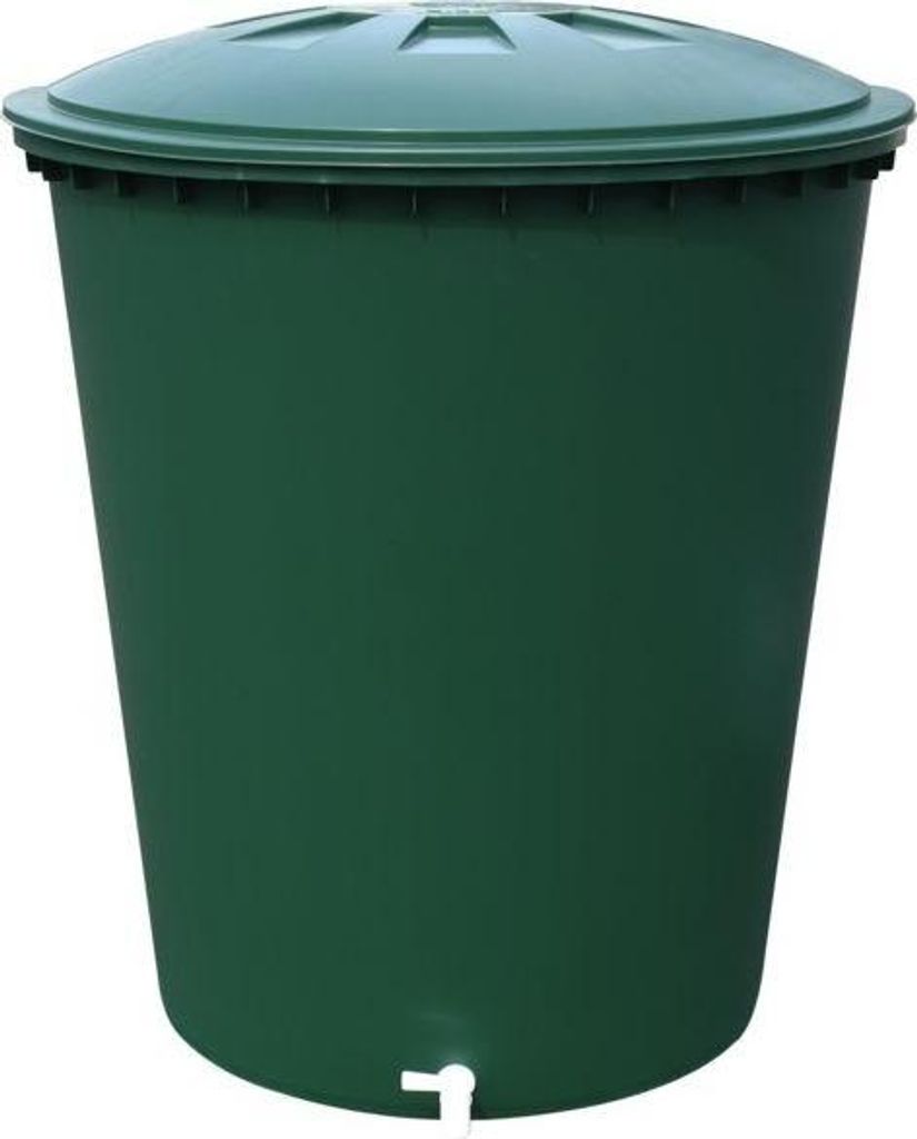 A green water barrel with a lid and a spigot.