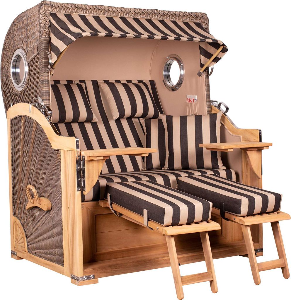 Strandkorb Baltikum Teak PE Grey 2,5 Sitzer Volllieger mit Bullaugen