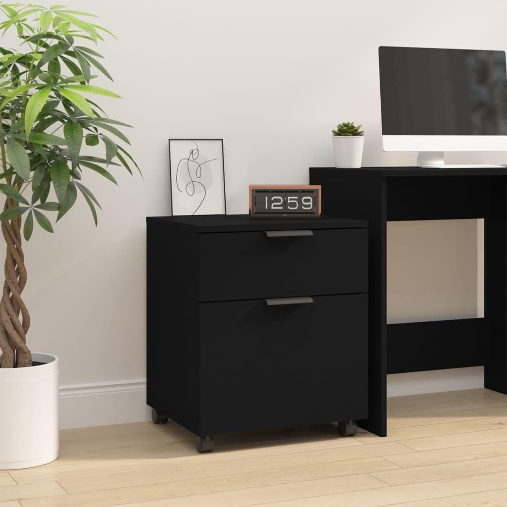 A black mobile filing cabinet with two drawers is shown in a home office setting.
