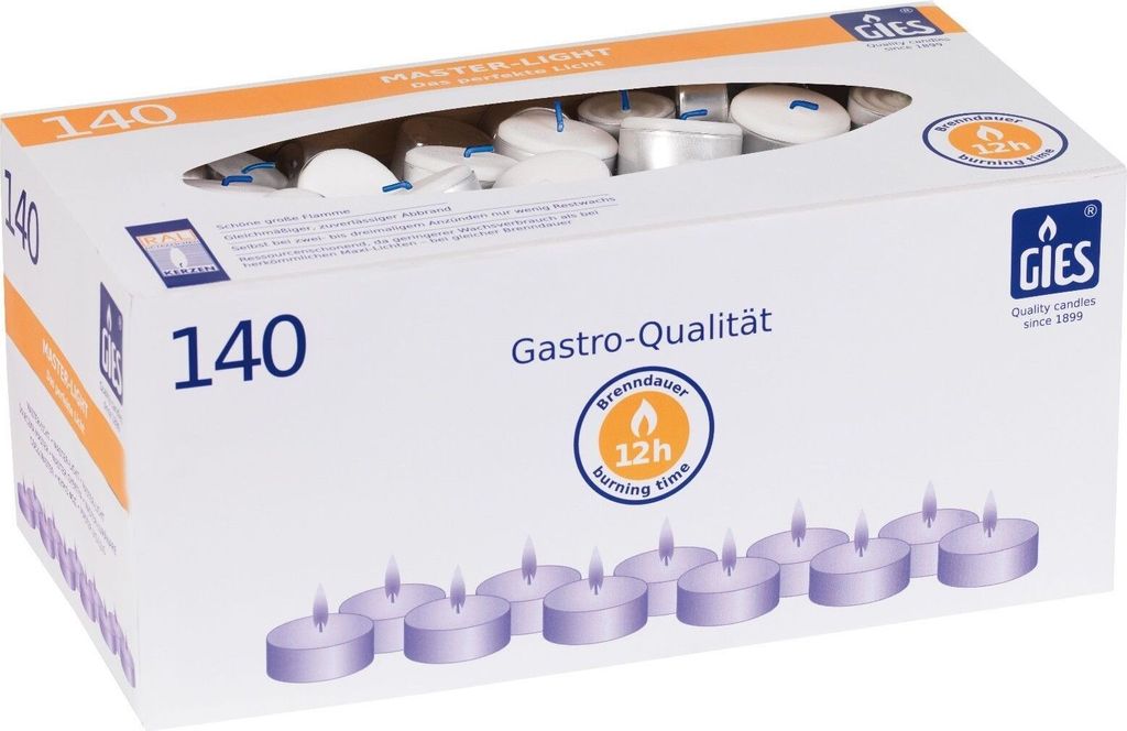 140 x 12 Stunden Teelichter von Gies,Gastroteelichter,weiß Produktbild 