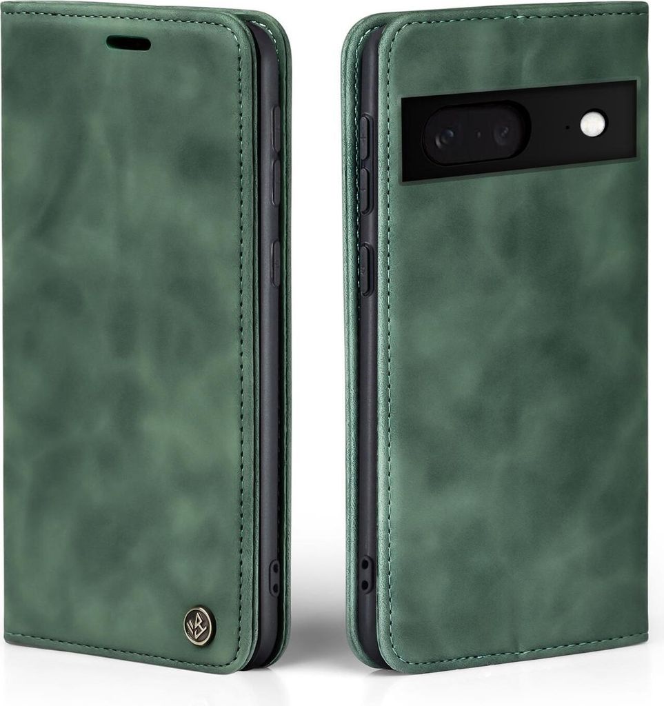A green flip case for a Google Pixel 8 phone, shown from the front and side.