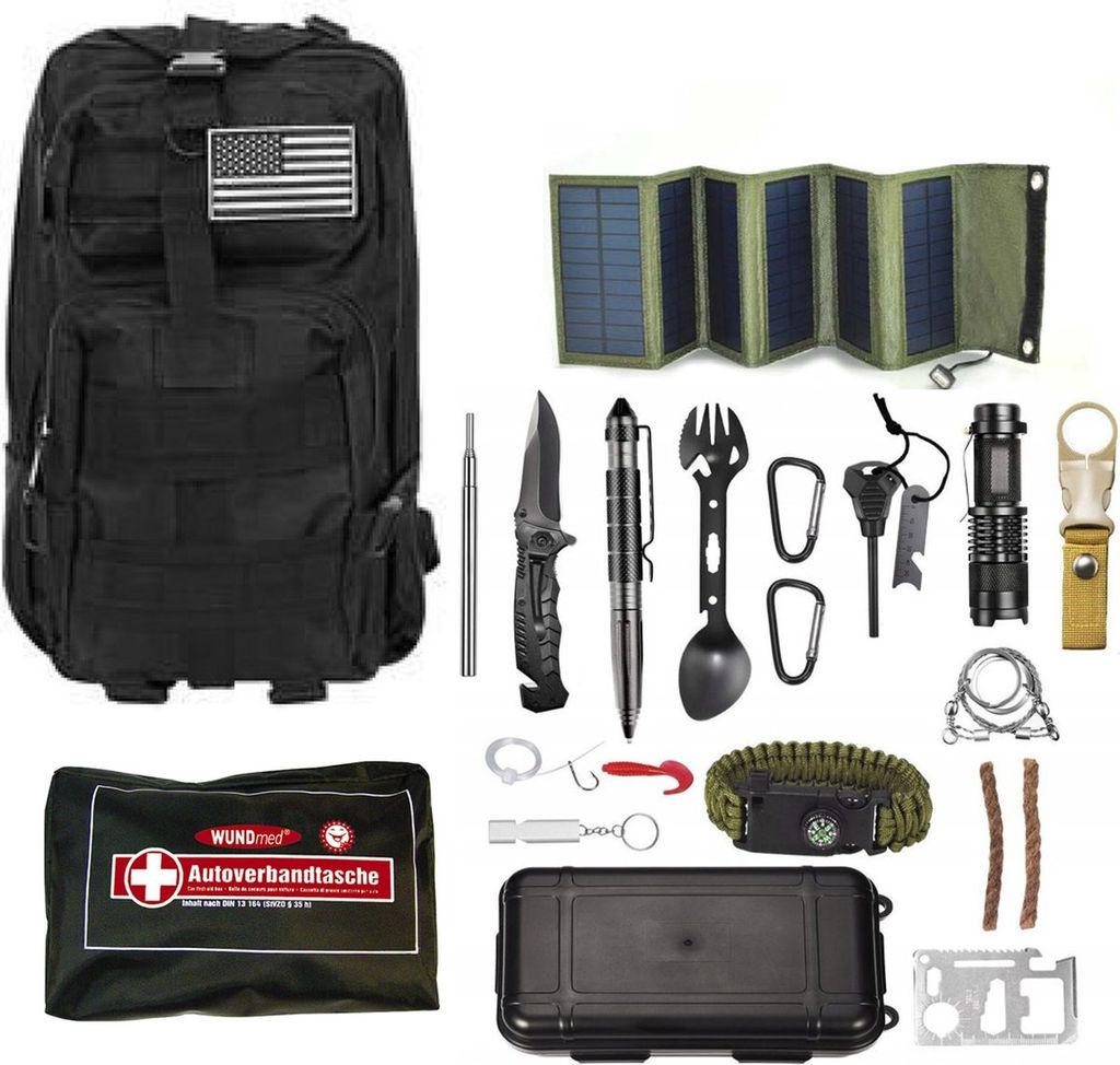 Überlebensausrüstung im Militärrucksack 20L schwarz mit Erste-Hilfe-Kasten und tragbarem Solarpanel