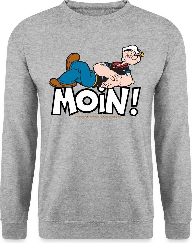 Spreadshirt Popeye Faulenzen Mit Schrift Moin Uni Pullover, L, Weißgrau meliert