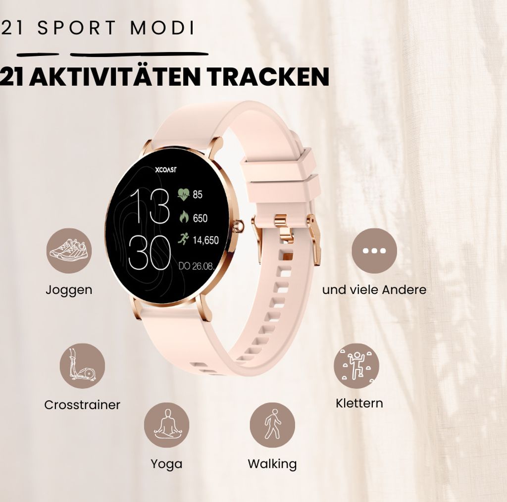 Montre Connectée XCOAST SIONA 2 Smartwatch Noir Et Or Rose 42mm - Tracker Multisport